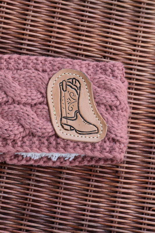 pink headband with tooled leather patch