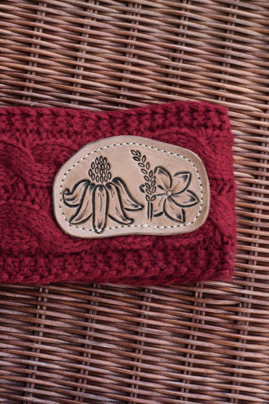 tooled leather patch on headband